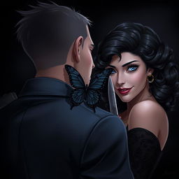 A dark romance scene featuring a man with a short haircut, his back turned towards the viewer