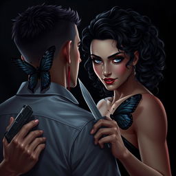 A dark romance scene featuring a man with a short haircut, his back turned towards the viewer