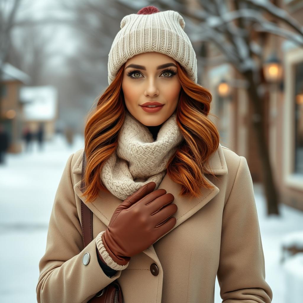 A fashionable woman in a charming winter environment, showcasing chestnut-colored hair styled in soft waves that fall just below her shoulders