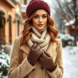 A fashionable woman in a charming winter environment, showcasing chestnut-colored hair styled in soft waves that fall just below her shoulders
