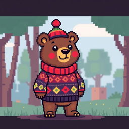 A pixel art bear standing upright, dressed in a pixelated cozy sweater and a cute cap, featuring exaggerated, colorful patterns