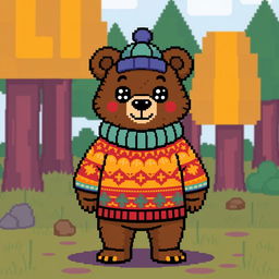 A pixel art bear standing upright, dressed in a pixelated cozy sweater and a cute cap, featuring exaggerated, colorful patterns