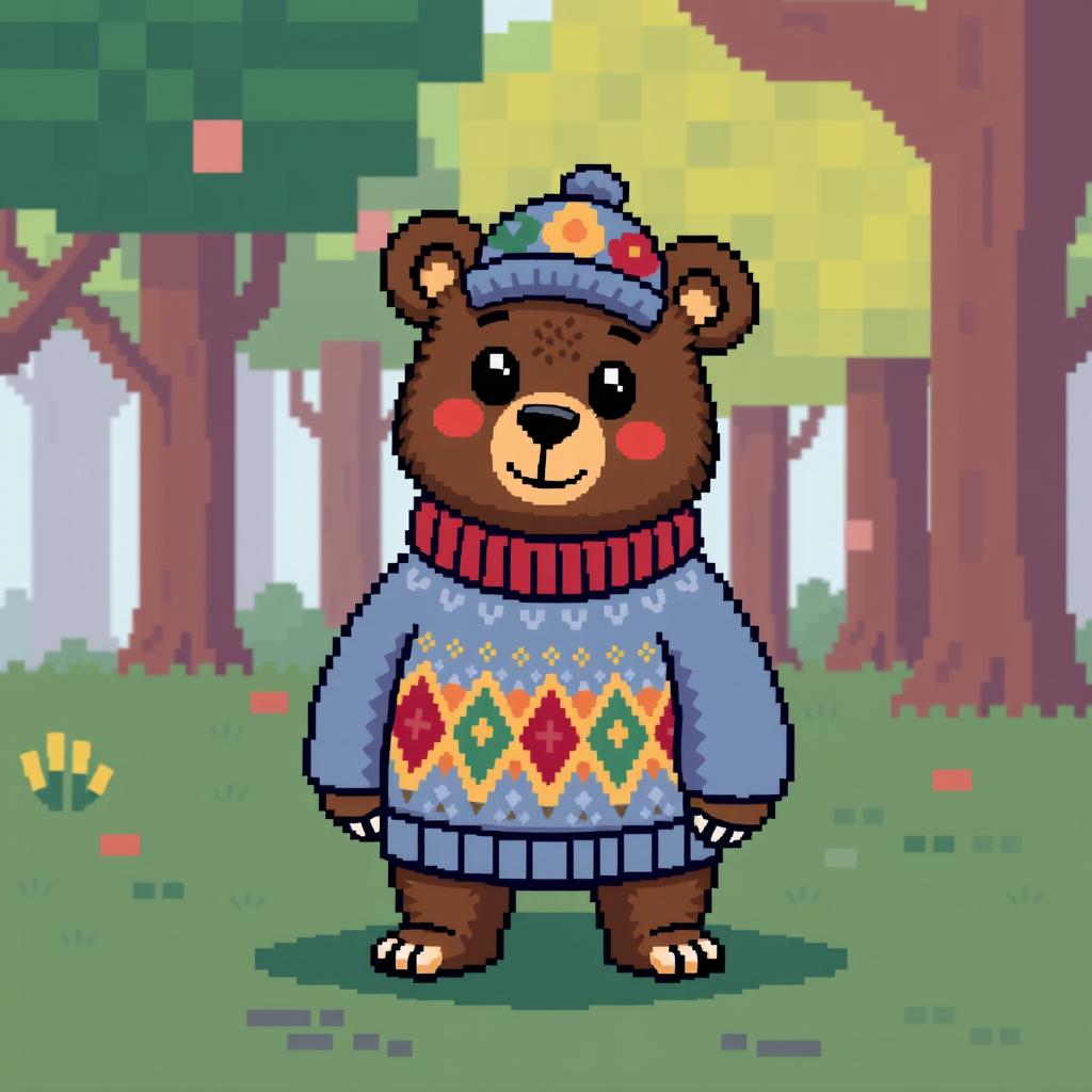 A pixel art bear standing upright, dressed in a pixelated cozy sweater and a cute cap, featuring exaggerated, colorful patterns