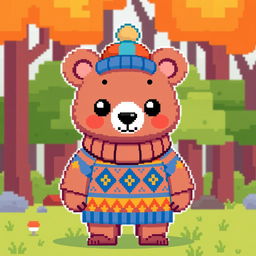 A pixel art bear standing upright, dressed in a pixelated cozy sweater and a cute cap, featuring exaggerated, colorful patterns