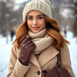 A fashionable woman enjoying a lovely winter day, featuring chestnut-colored hair that falls in soft waves just below her shoulders