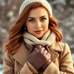 A fashionable woman enjoying a lovely winter day, featuring chestnut-colored hair that falls in soft waves just below her shoulders