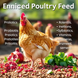 A realistic image of a healthy chicken standing proudly amid an array of enriched poultry feed, which includes probiotics, prebiotics, phytobiotics, symbiotics, vitamins, minerals, and enzymes