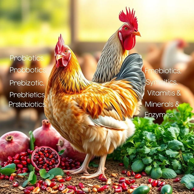 A realistic image of a healthy chicken standing proudly amid an array of enriched poultry feed, which includes probiotics, prebiotics, phytobiotics, symbiotics, vitamins, minerals, and enzymes