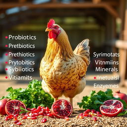 A realistic image of a healthy chicken standing proudly amid an array of enriched poultry feed, which includes probiotics, prebiotics, phytobiotics, symbiotics, vitamins, minerals, and enzymes