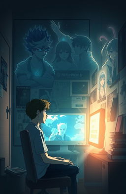 An emotional and surreal illustration featuring Ryuji, a young man in his mid-20s, sitting in a modest, dimly lit room immersed in the quiet of his physical environment