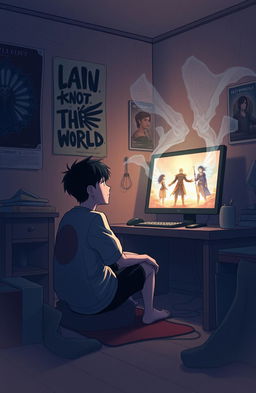 An emotional and surreal illustration featuring Ryuji, a young man in his mid-20s, sitting in a modest, dimly lit room immersed in the quiet of his physical environment