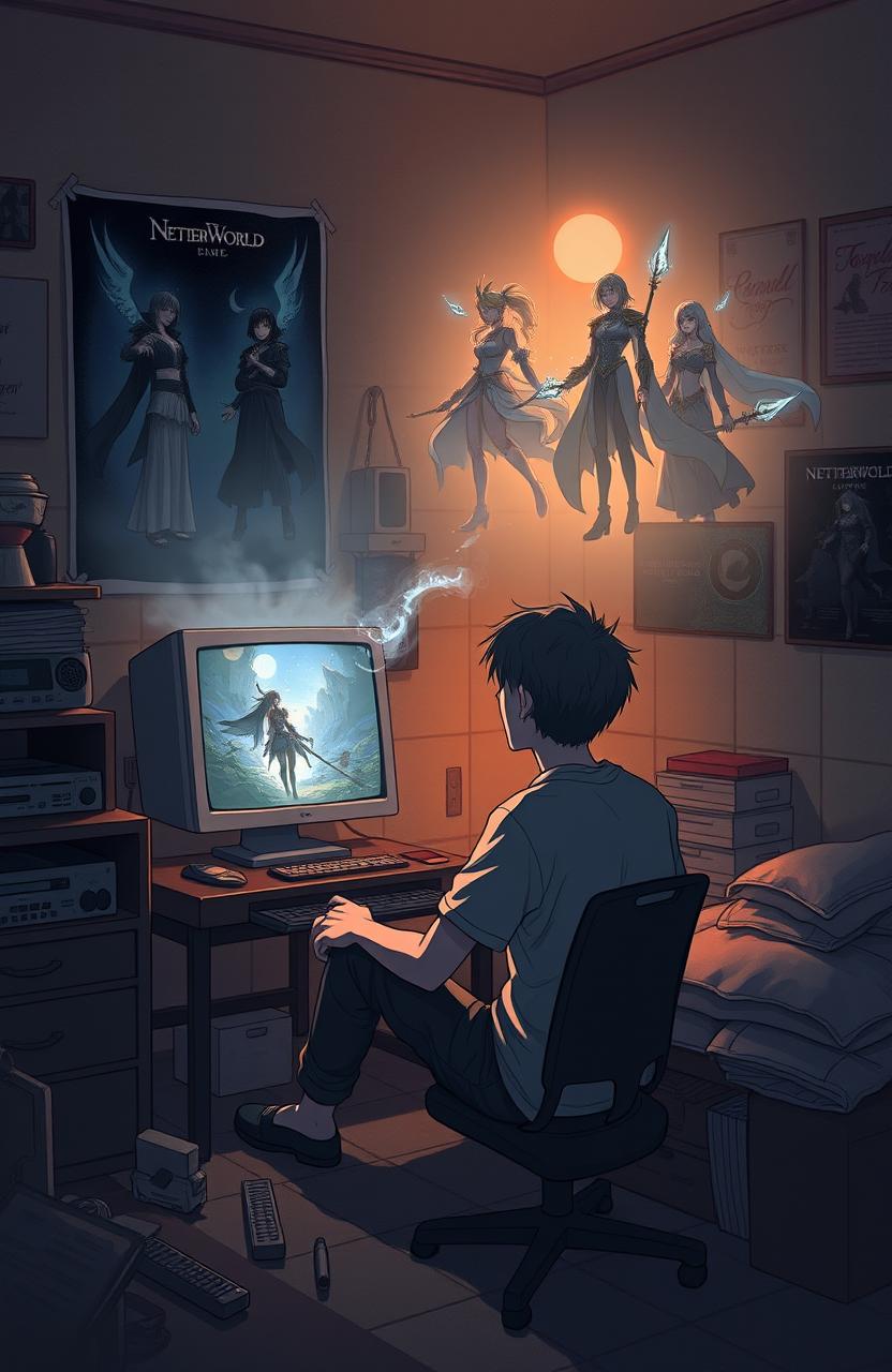 An emotional and surreal illustration featuring Ryuji, a young man in his mid-20s, sitting in a modest, dimly lit room immersed in the quiet of his physical environment