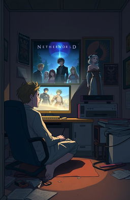An emotional and surreal illustration featuring Ryuji, a young man in his mid-20s, sitting in a modest, dimly lit room immersed in the quiet of his physical environment