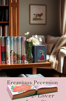 A collection of premium love story novels, showcasing beautiful hardcover editions lined up on a wooden bookshelf