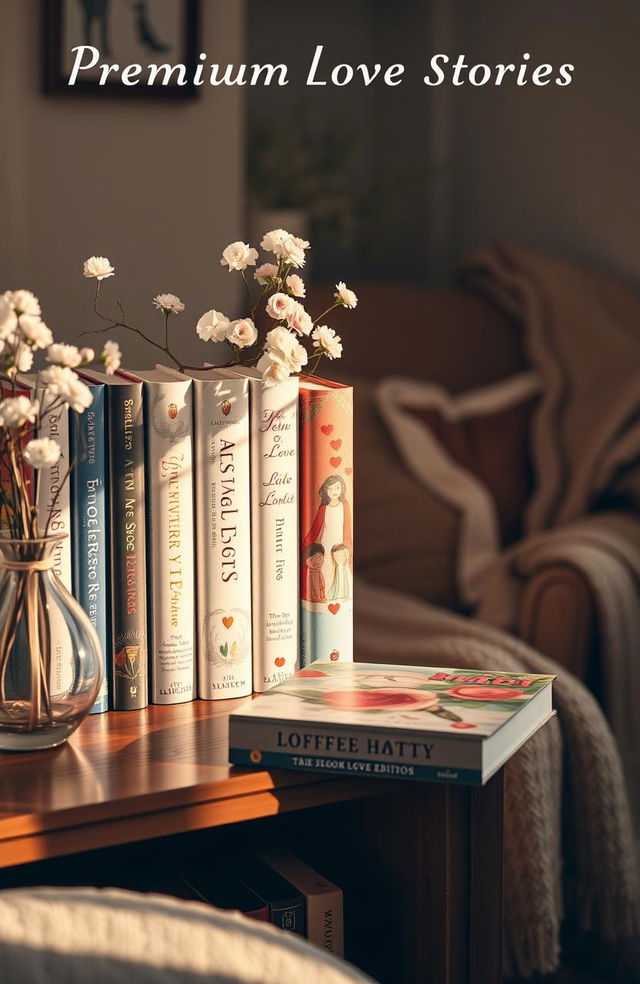 A collection of premium love story novels, showcasing beautiful hardcover editions lined up on a wooden bookshelf