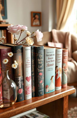 A collection of premium love story novels, showcasing beautiful hardcover editions lined up on a wooden bookshelf