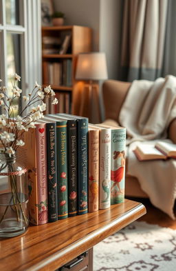 A collection of premium love story novels, showcasing beautiful hardcover editions lined up on a wooden bookshelf