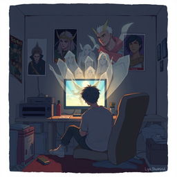 An emotional and surreal illustration featuring Ryuji, a young man in his mid-20s, sitting in a modest, dimly lit room immersed in the quiet of his physical environment
