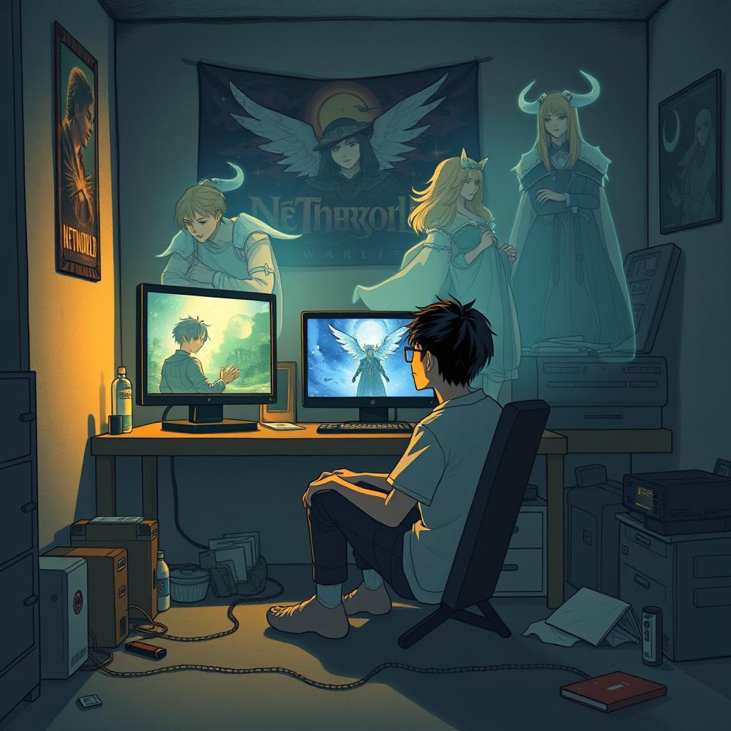 An emotional and surreal illustration featuring Ryuji, a young man in his mid-20s, sitting in a modest, dimly lit room immersed in the quiet of his physical environment