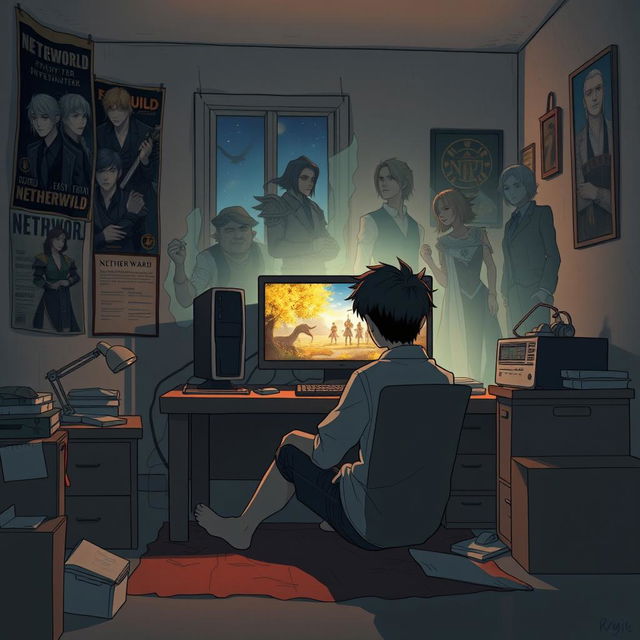 An emotional and surreal illustration featuring Ryuji, a young man in his mid-20s, sitting in a modest, dimly lit room immersed in the quiet of his physical environment