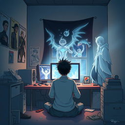 An emotional and surreal illustration featuring Ryuji, a young man in his mid-20s, sitting in a modest, dimly lit room immersed in the quiet of his physical environment