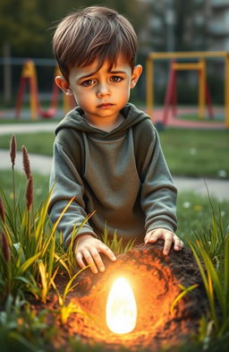 A poignant scene depicting a young boy with a birth defect who is bullied at school, highlighting his sad expression as he walks home