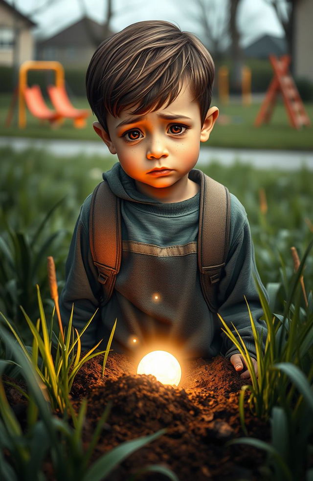 A poignant scene depicting a young boy with a birth defect who is bullied at school, highlighting his sad expression as he walks home