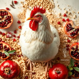 A realistic image of a chicken amidst a visually appealing layout of poultry feed that is enriched with probiotics, prebiotics, phytobiotics, symbiotics, vitamins, minerals, and enzymes