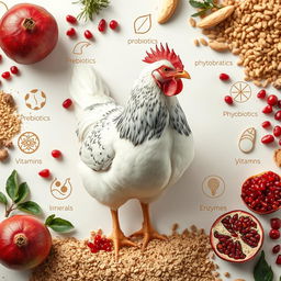 A realistic image of a chicken amidst a visually appealing layout of poultry feed that is enriched with probiotics, prebiotics, phytobiotics, symbiotics, vitamins, minerals, and enzymes