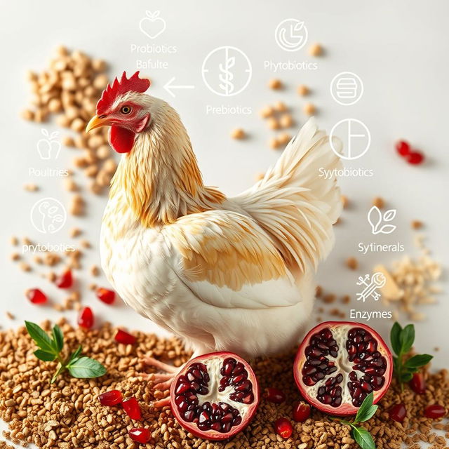 A realistic image of a chicken amidst a visually appealing layout of poultry feed that is enriched with probiotics, prebiotics, phytobiotics, symbiotics, vitamins, minerals, and enzymes