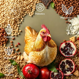 A realistic image of a chicken amidst a visually appealing layout of poultry feed that is enriched with probiotics, prebiotics, phytobiotics, symbiotics, vitamins, minerals, and enzymes