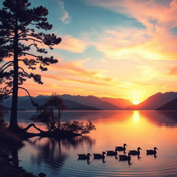 A serene landscape depicting a beautiful sunset over a calm lake, with vibrant orange and pink hues reflecting on the water's surface