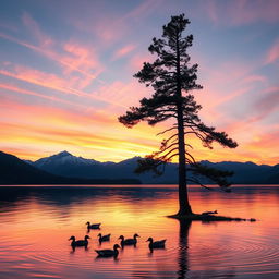 A serene landscape depicting a beautiful sunset over a calm lake, with vibrant orange and pink hues reflecting on the water's surface