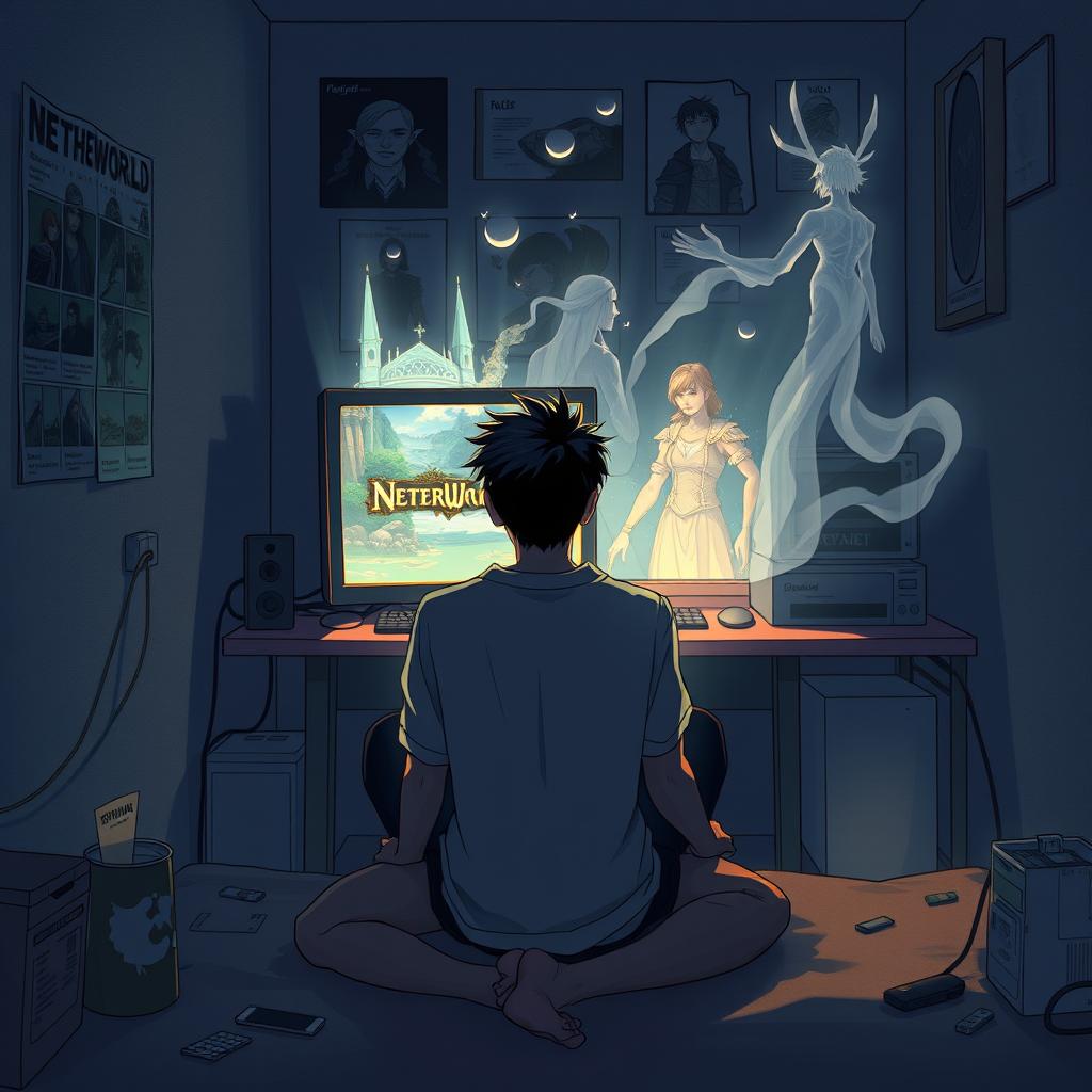 An emotional and surreal illustration featuring Ryuji, a young man in his mid-20s, sitting in a modest, dimly lit room, fully immersed in the quiet of his physical surroundings