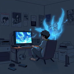 An emotional and surreal illustration featuring Ryuji, a young man in his mid-20s, sitting in a modest, dimly lit room, fully immersed in the quiet of his physical surroundings