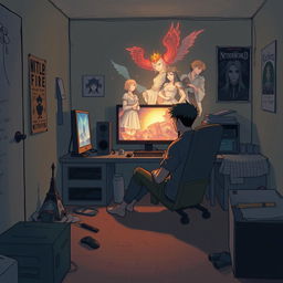 An emotional and surreal illustration featuring Ryuji, a young man in his mid-20s, sitting in a modest, dimly lit room, fully immersed in the quiet of his physical surroundings