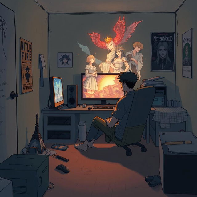 An emotional and surreal illustration featuring Ryuji, a young man in his mid-20s, sitting in a modest, dimly lit room, fully immersed in the quiet of his physical surroundings