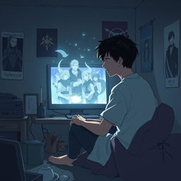 An emotional and surreal illustration featuring Ryuji, a young man in his mid-20s, sitting in a modest, dimly lit room, fully immersed in the quiet of his physical surroundings