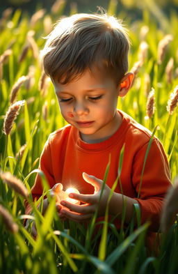 A poignant and heartwarming scene depicting a young boy in a serene, sunlit outdoor setting