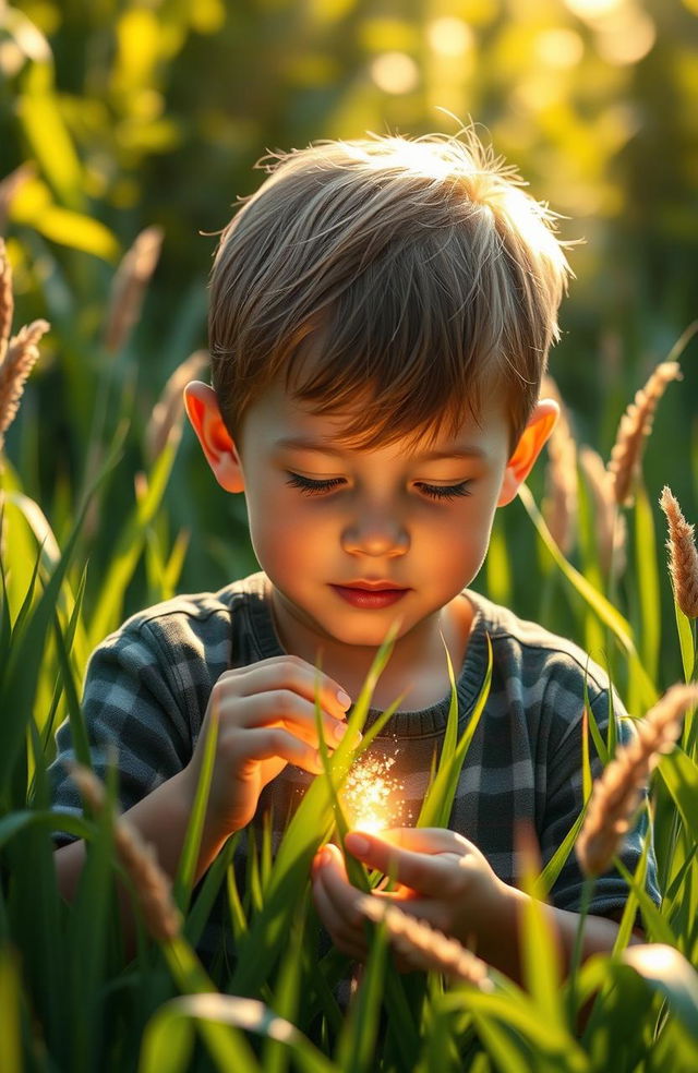 A poignant and heartwarming scene depicting a young boy in a serene, sunlit outdoor setting