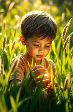 A poignant and heartwarming scene depicting a young boy in a serene, sunlit outdoor setting
