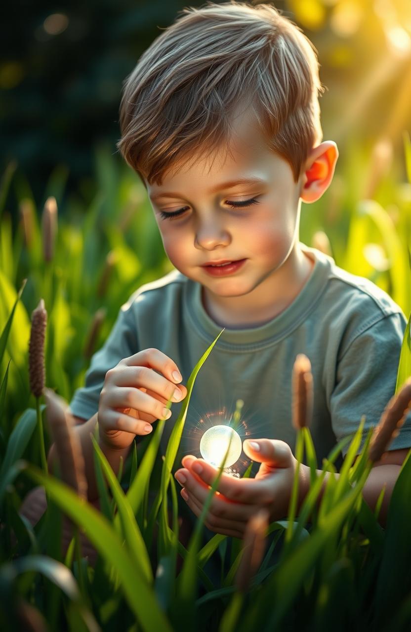 A poignant and heartwarming scene depicting a young boy in a serene, sunlit outdoor setting