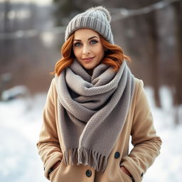 A confident and elegant woman aged 35+, with chestnut hair styled in soft waves