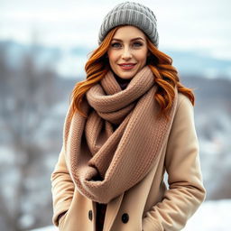 A confident and elegant woman aged 35+, with chestnut hair styled in soft waves