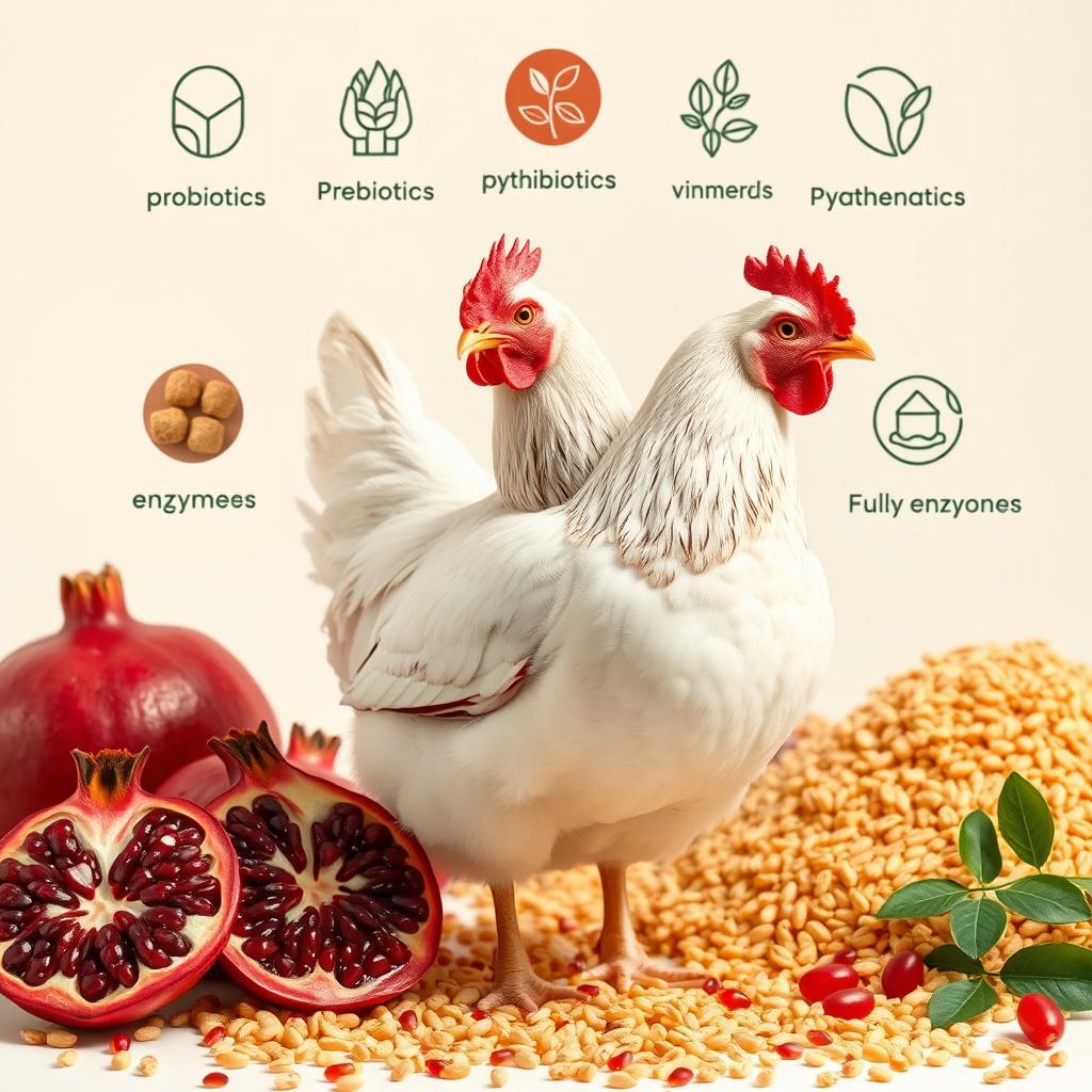 A realistic image of a healthy chicken set against a backdrop that showcases an assortment of poultry feed enriched with probiotics, prebiotics, phytobiotics, symbiotics, vitamins, minerals, and enzymes