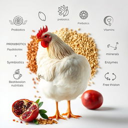 A realistic image of a healthy chicken set against a backdrop that showcases an assortment of poultry feed enriched with probiotics, prebiotics, phytobiotics, symbiotics, vitamins, minerals, and enzymes