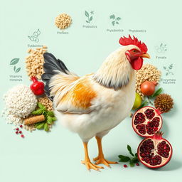 A realistic image of a healthy chicken set against a backdrop that showcases an assortment of poultry feed enriched with probiotics, prebiotics, phytobiotics, symbiotics, vitamins, minerals, and enzymes