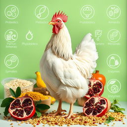 A realistic image of a healthy chicken set against a backdrop that showcases an assortment of poultry feed enriched with probiotics, prebiotics, phytobiotics, symbiotics, vitamins, minerals, and enzymes
