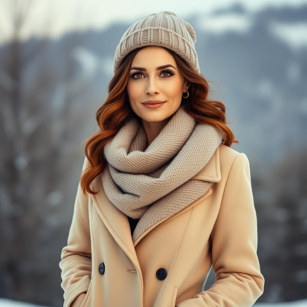 A confident and elegant woman aged 35+, sporting chestnut hair styled in soft waves