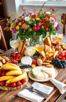 A vibrant, colorful arrangement of various foods on a beautifully decorated table